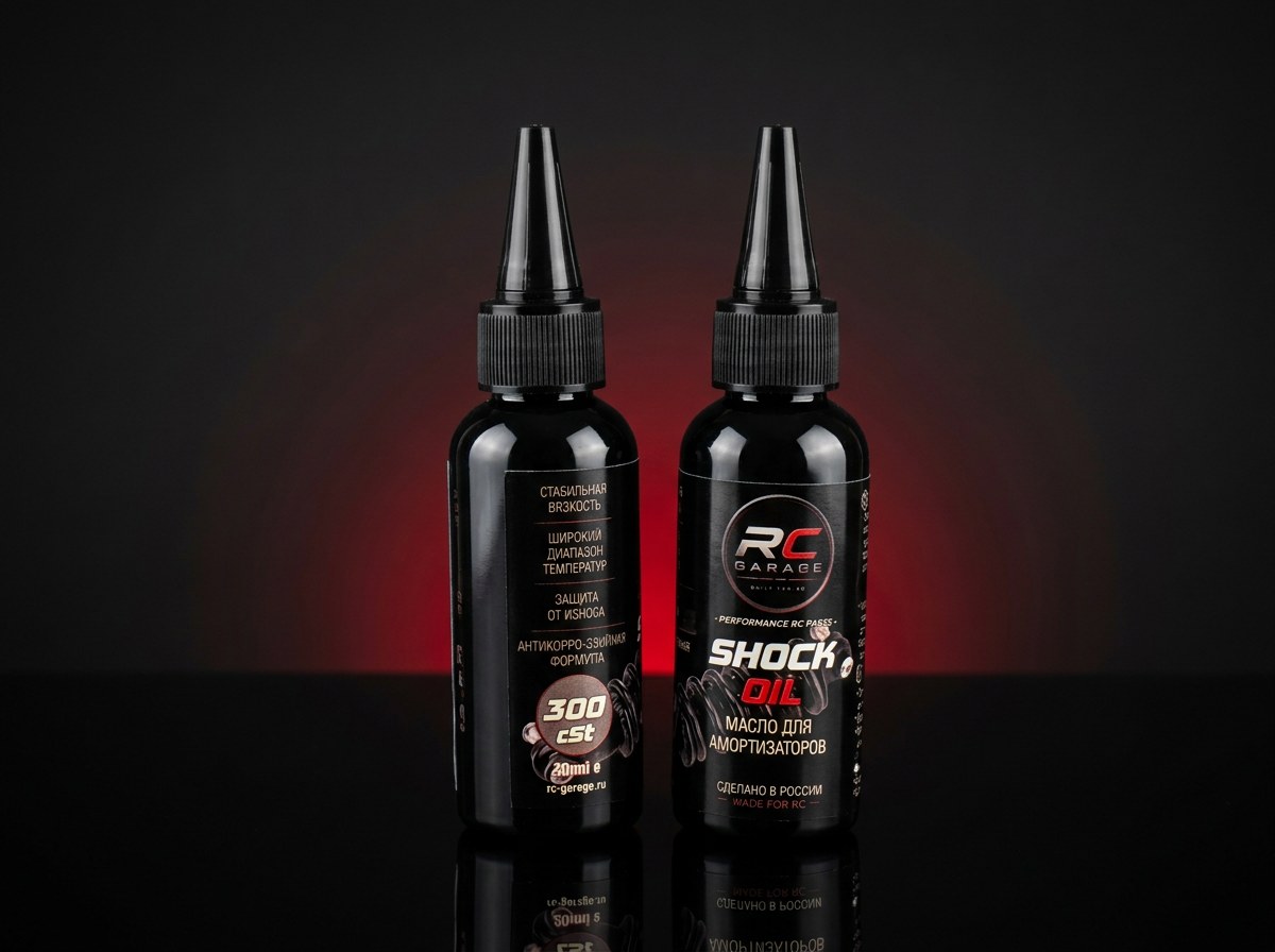 Чёрные флаконы масла RC GARAGE SHOCK OIL для амортизаторов на тёмном фоне с красным свечением